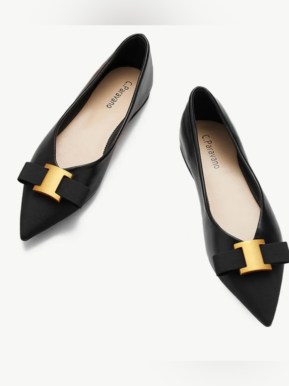C.Paravano Pointed Toe Metal Tie Flats (Aida) Size EU 40 US 10.5 Black Gold